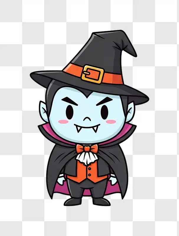 cute cartoon vampire character wearing a hat and cape edited
