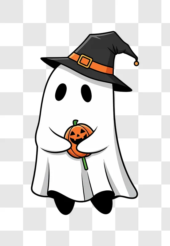 cute ghost holding a pumpkin on a stick edited