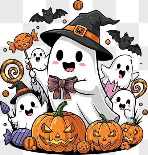 cute halloween ghosts and pumpkins gathering for spooky fun edited