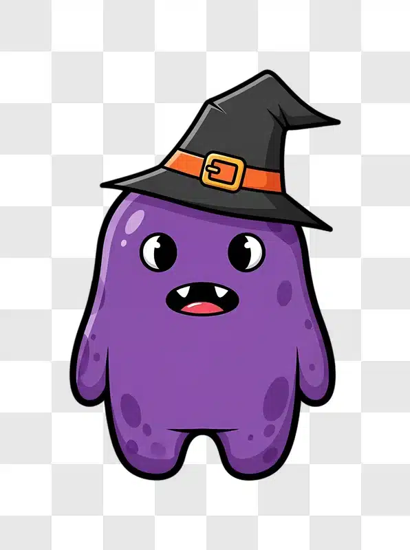 cute purple monster wearing a witch hat edited