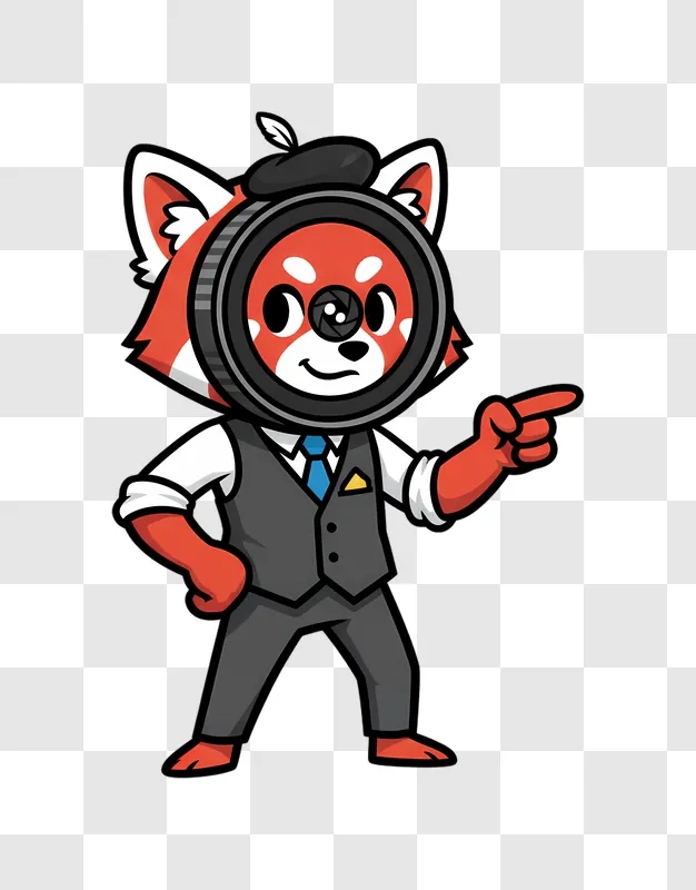 cute red panda character with camera lens head and suit pointing edited