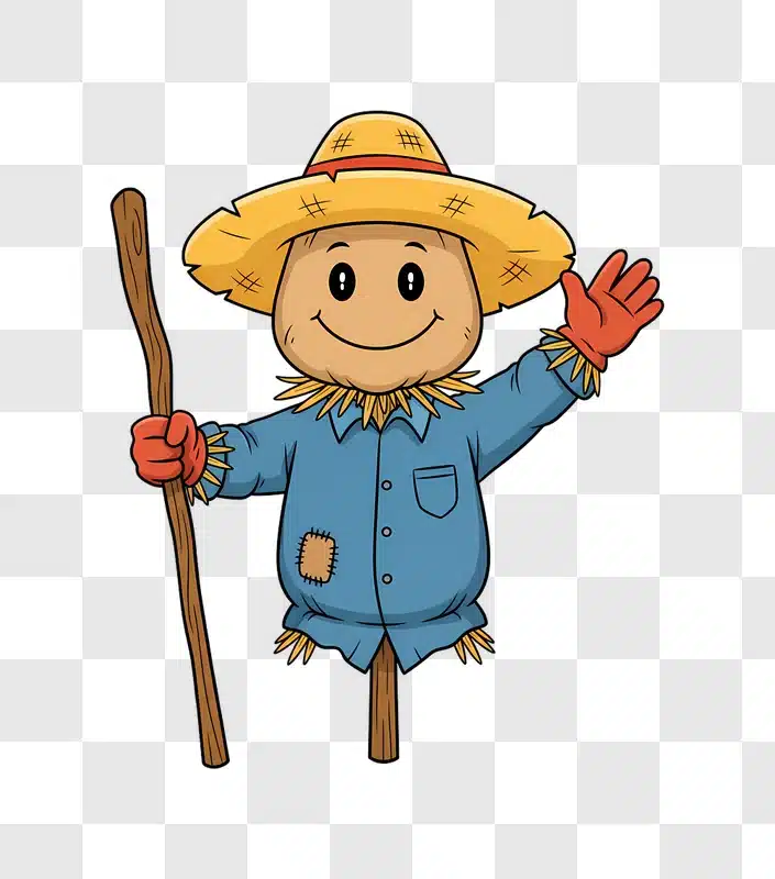 cute scarecrow character waving hello holding a stick edited