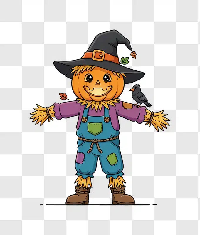 cute scarecrow with pumpkin head and crow on shoulder edited