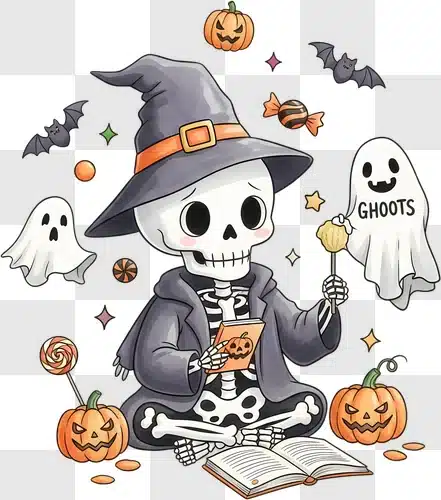 cute skeleton witch reading a book surrounded by halloween decorations edited