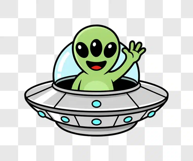 cute cartoon alien waving from a flying saucer edited