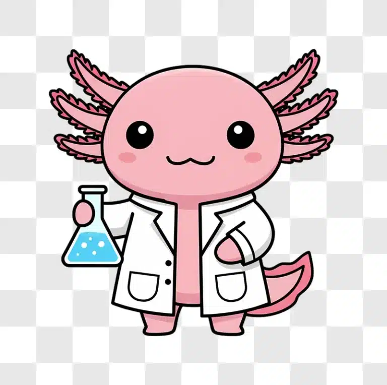 cute cartoon axolotl scientist holding a flask with blue liquid edited