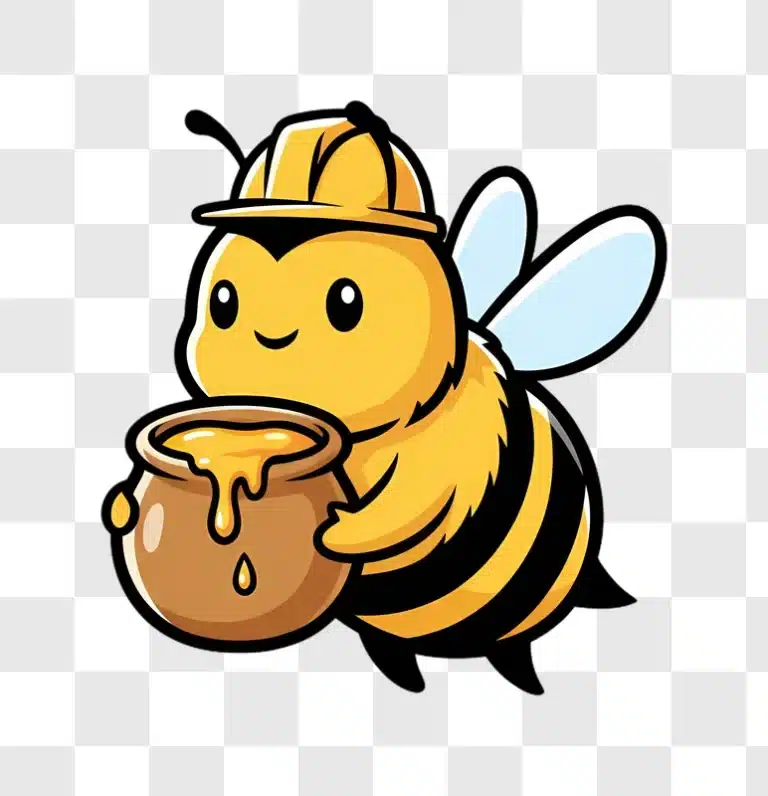 cute cartoon bee wearing a hard hat holding a pot of honey edited