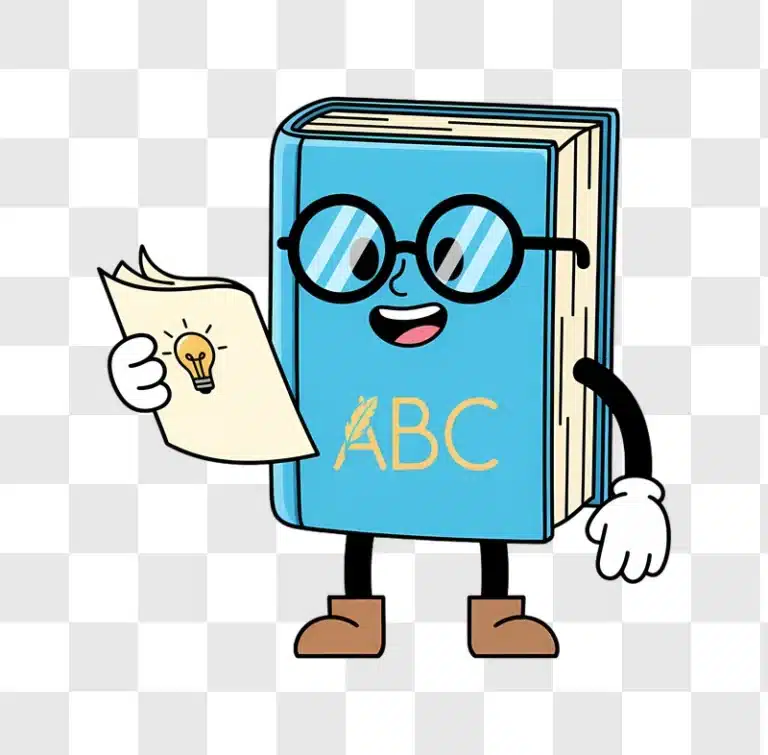 cute cartoon book character with glasses holding a paper with a lightbulb idea edited