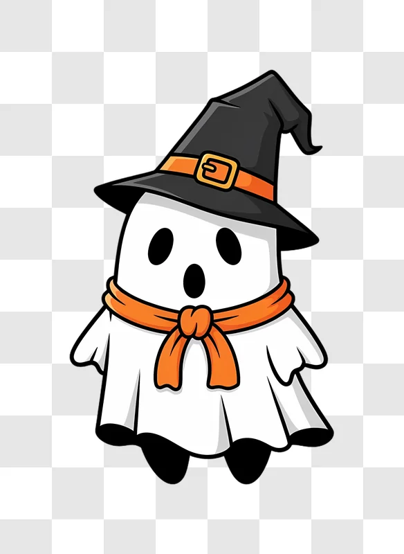 cute cartoon ghost wearing a witch hat and scarf edited