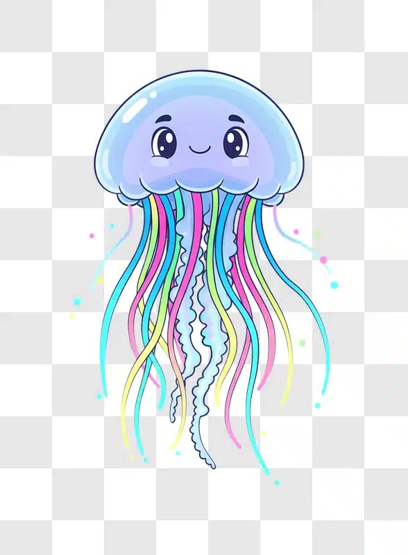 cute cartoon jellyfish with colorful tentacles and happy face edited