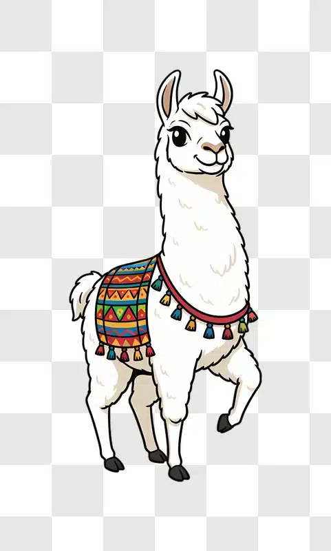 cute cartoon llama wearing a colorful blanket edited
