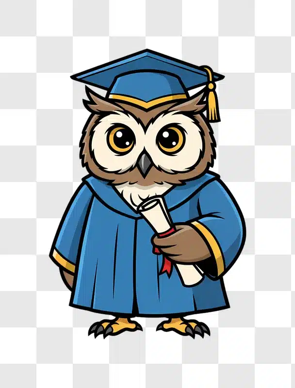 cute cartoon owl wearing graduation cap and gown holding diploma edited