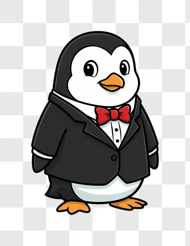 cute cartoon penguin wearing a black tuxedo and red bowtie edited