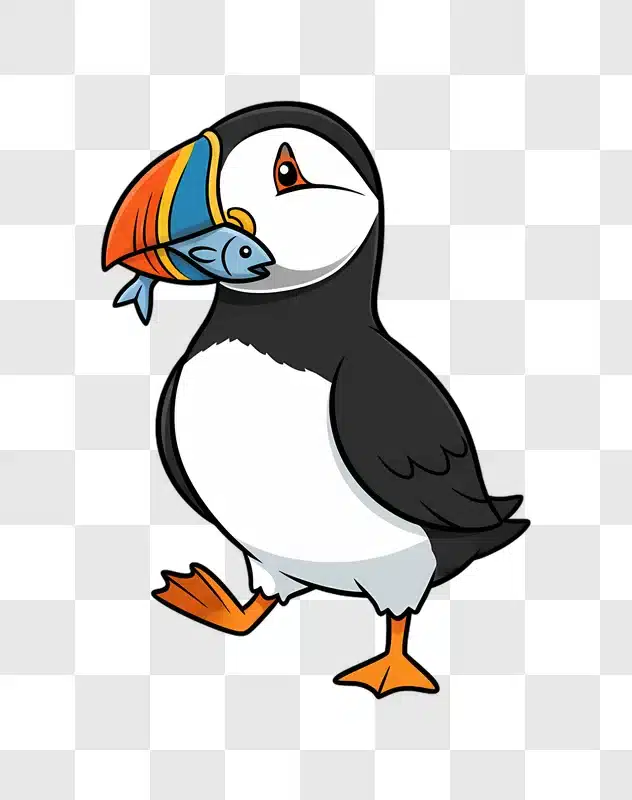 cute cartoon puffin bird walking with a fish in its beak edited