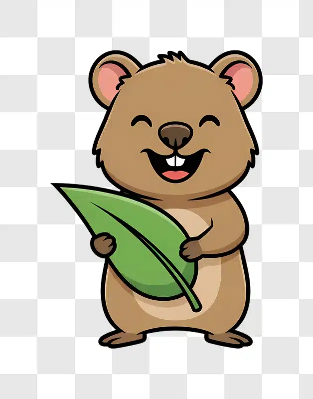 cute cartoon quokka holding a green leaf with a happy expression edited