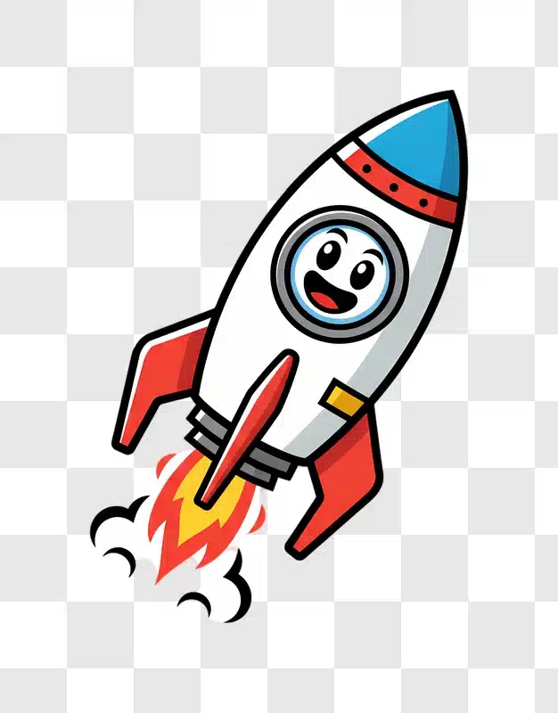 cute cartoon rocket ship blasting off into space with a happy face edited