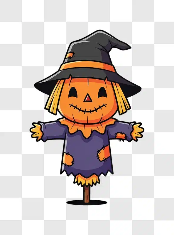cute cartoon scarecrow with pumpkin head and witch hat edited