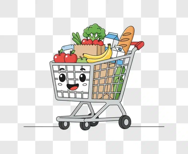 cute cartoon shopping cart filled with groceries and a happy face edited