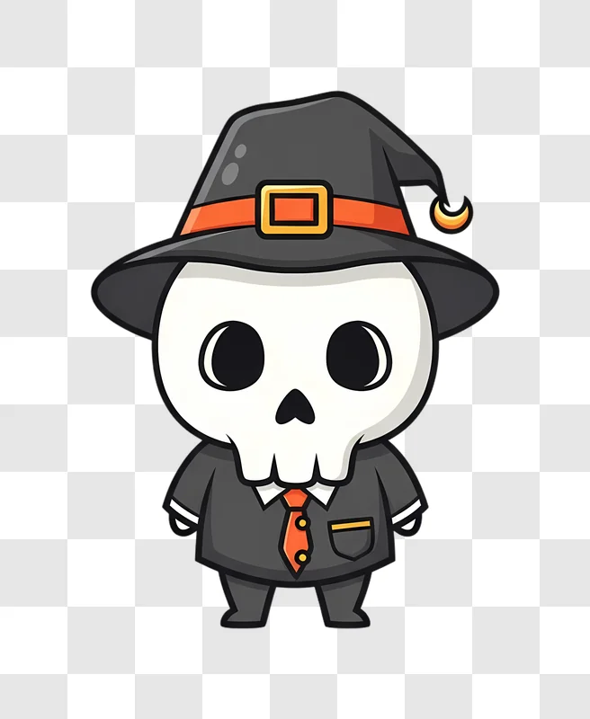cute cartoon skeleton wearing a witch hat and suit edited