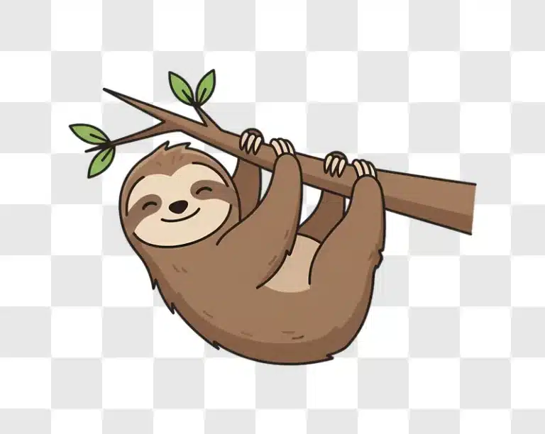 cute cartoon sloth hanging on a tree branch with green leaves edited