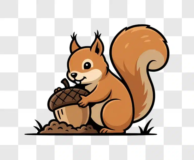 cute cartoon squirrel holding an acorn in the ground edited