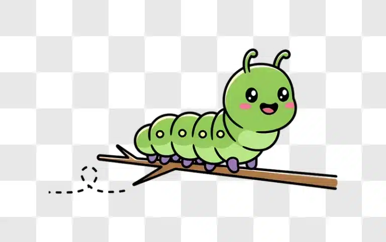 cute green caterpillar on a branch with a dotted line edited
