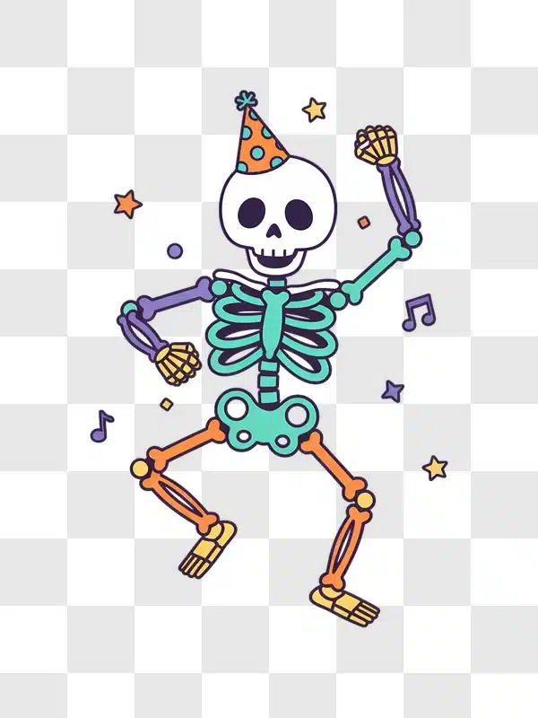 dancing skeleton wearing party hat celebrating edited