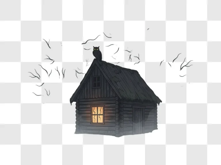 dark wooden cabin with owl on roof and bare branches edited