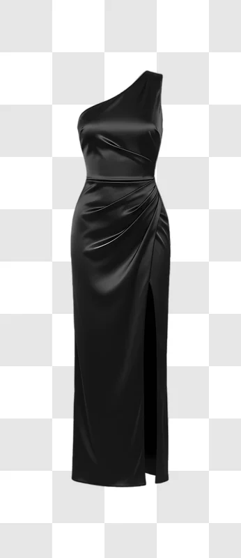 elegant black one shoulder satin gown with side slit edited