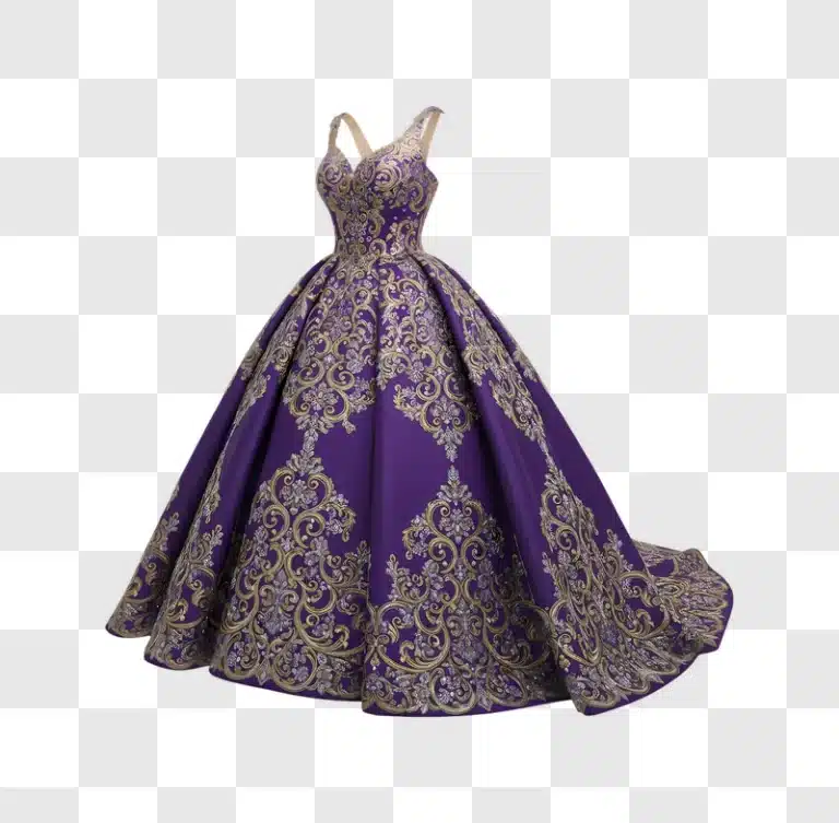 elegant purple ball gown with gold embroidery edited