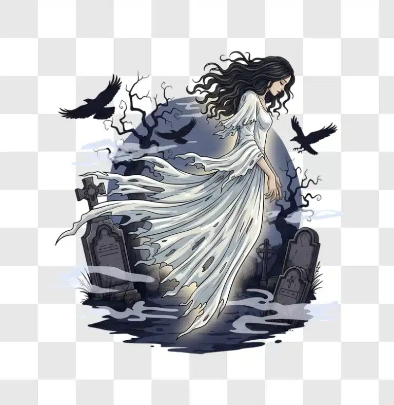 ethereal ghost woman floating in a spooky graveyard with crows edited