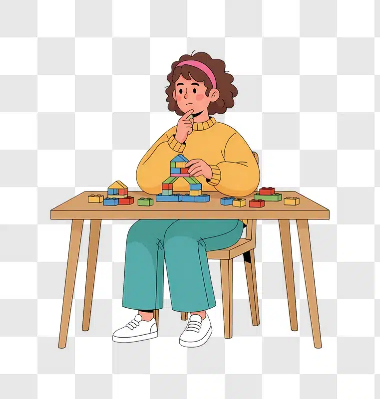 girl thoughtfully building with colorful blocks at a wooden table edited
