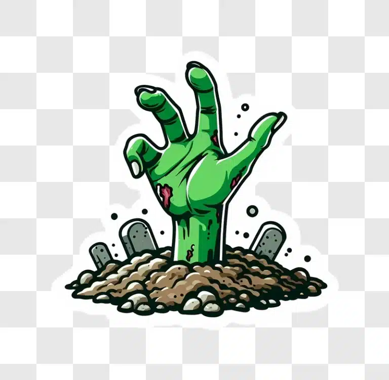 green zombie hand emerging from grave with tombstones edited