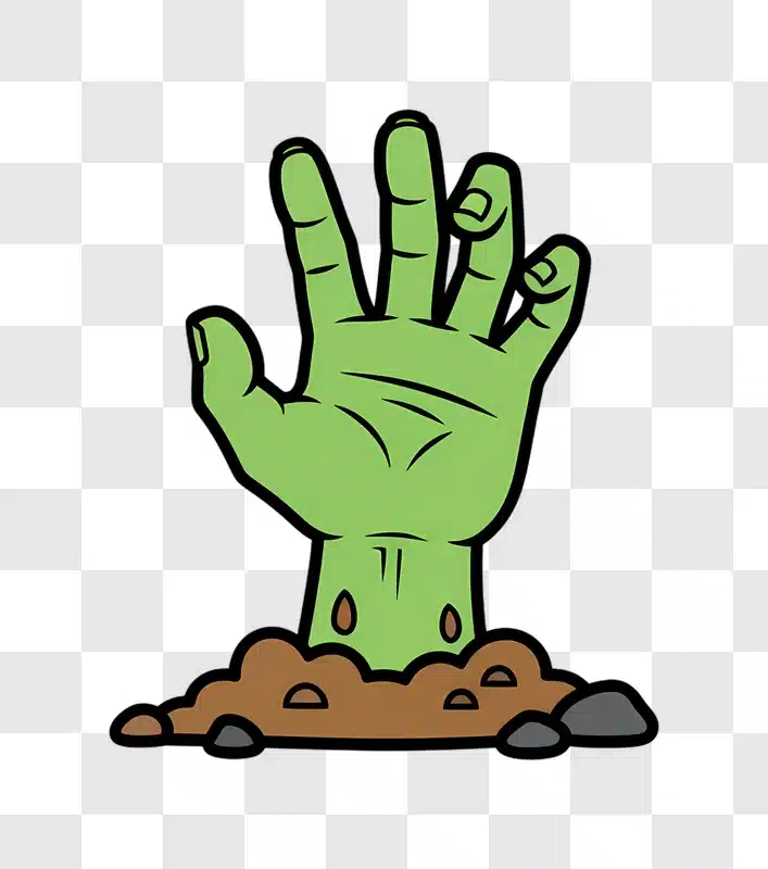 green zombie hand emerging from the ground edited