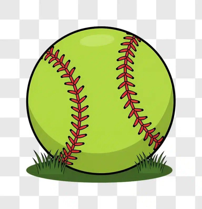 green softball with red stitching on grass edited
