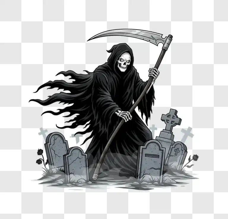 grim reaper standing in a graveyard holding a scythe