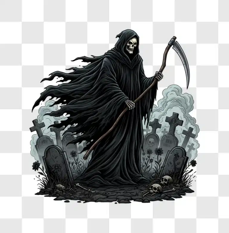 grim reaper standing in a graveyard with scythe