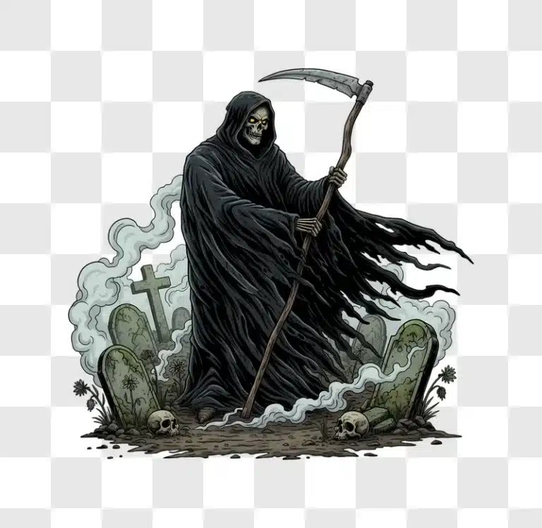 grim reaper standing in a graveyard with a scythe