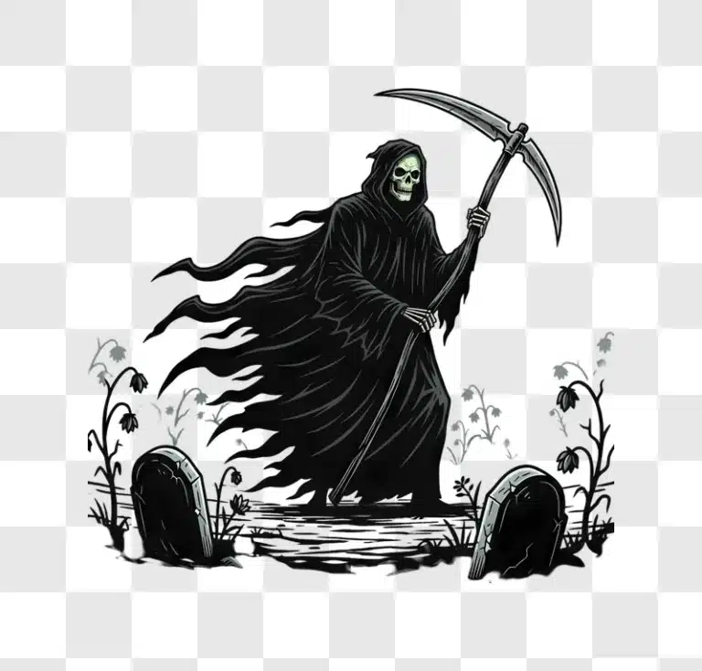 grim reaper with scythe in graveyard