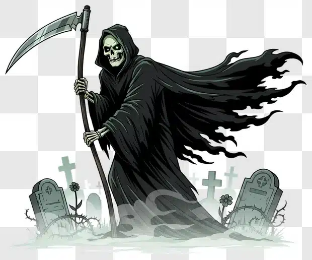 grim reaper with scythe in a graveyard