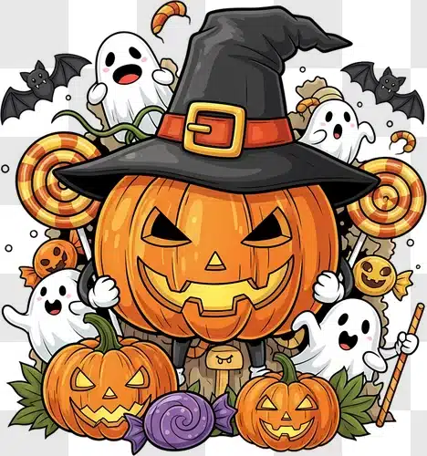 halloween pumpkin character with ghosts and candy edited