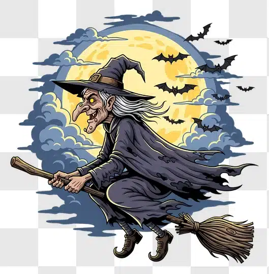 halloween witch flying broomstick full moon night edited