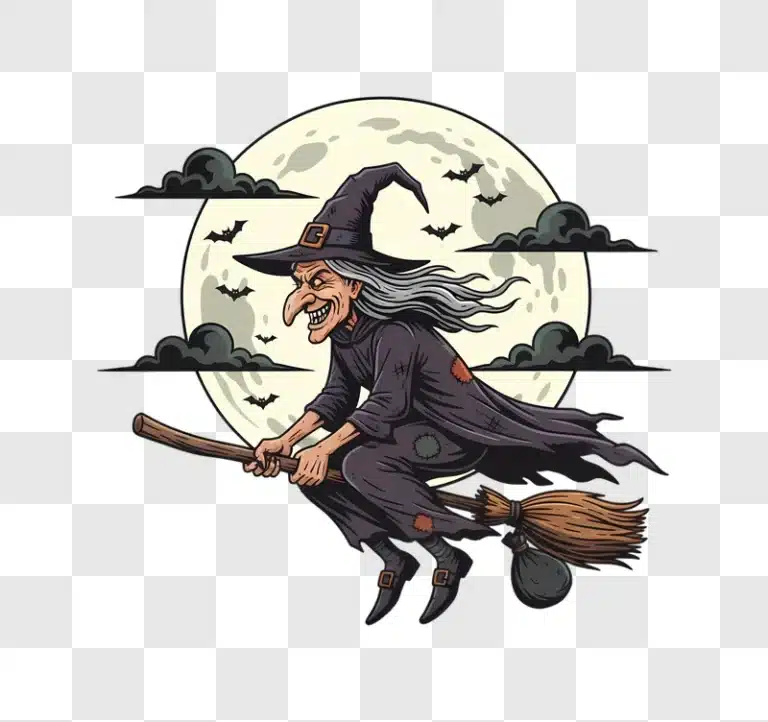 halloween witch flying on broomstick under full moon edited