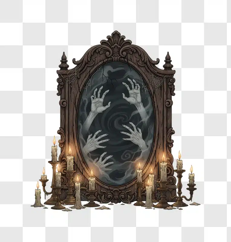 haunted mirror with ghostly hands emerging from smoke edited