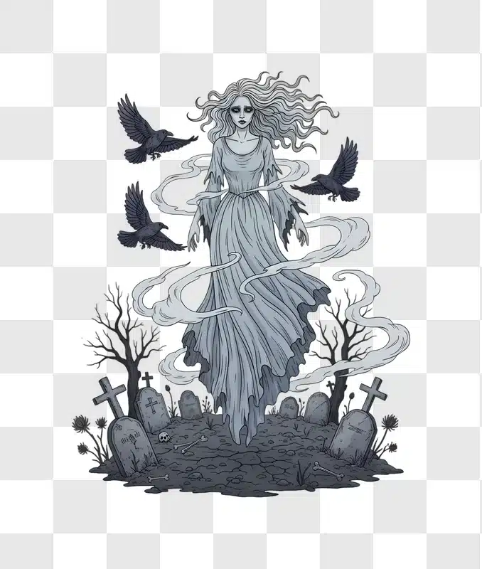 haunting ghostly apparition in a graveyard with crows edited