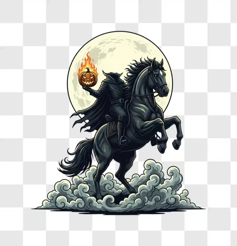 headless horseman riding black horse holding flaming jack o lantern