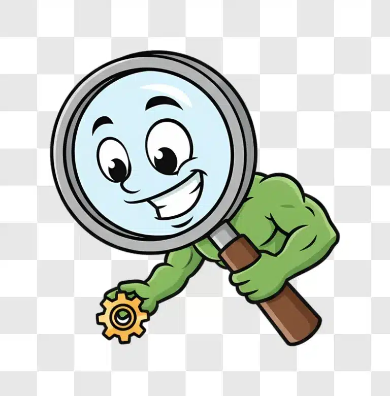 magnifying glass character holding a gear with a happy face edited