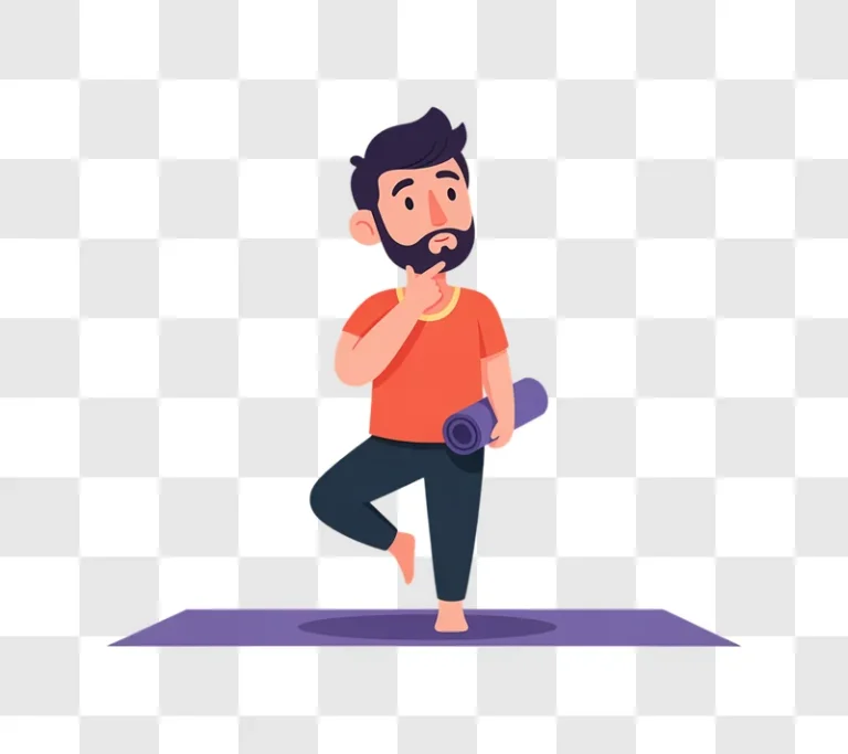 man doing yoga tree pose on mat holding yoga mat thinking edited