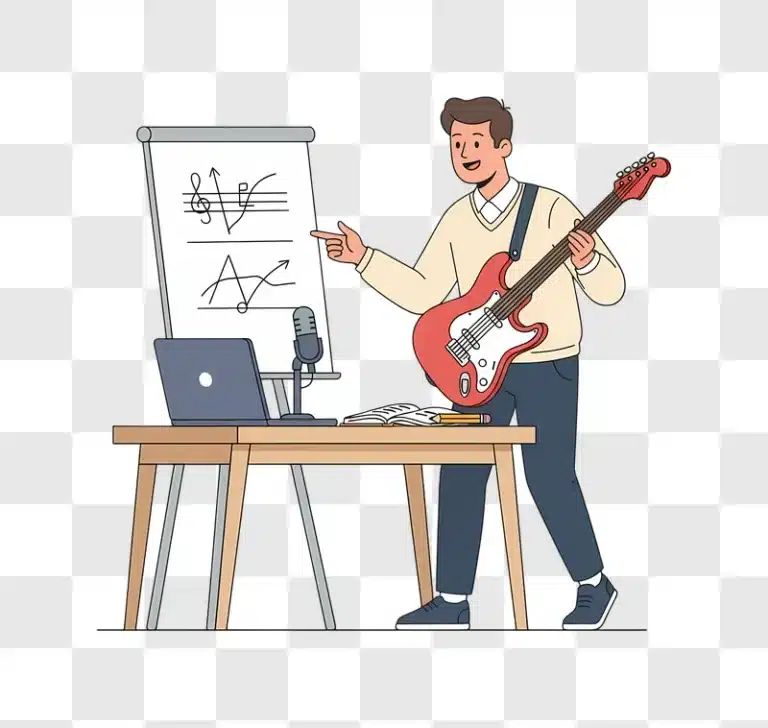 man teaching guitar with whiteboard and laptop edited