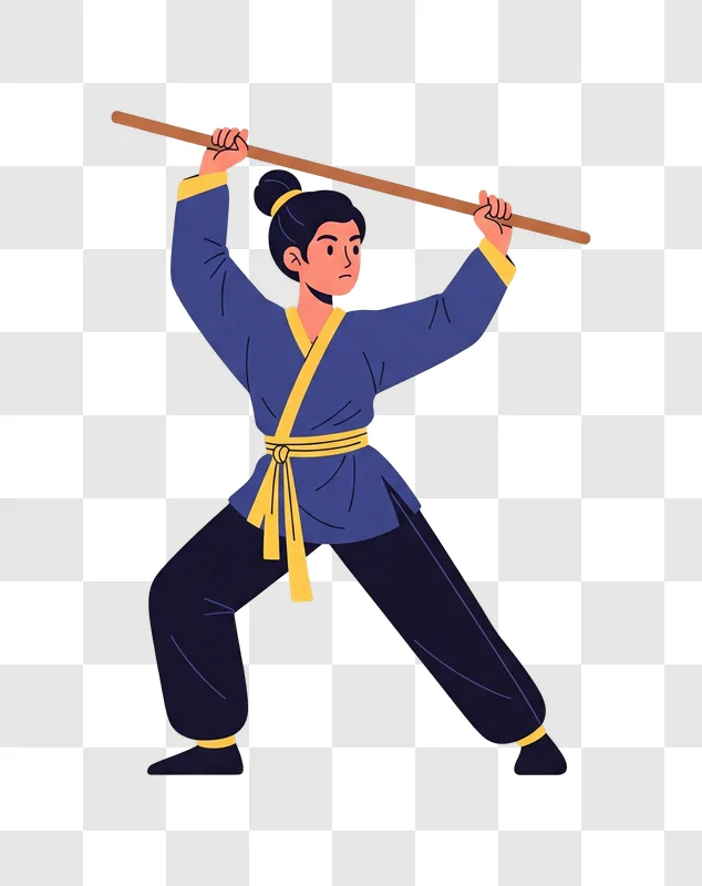 martial arts practitioner in blue uniform holding a wooden staff edited